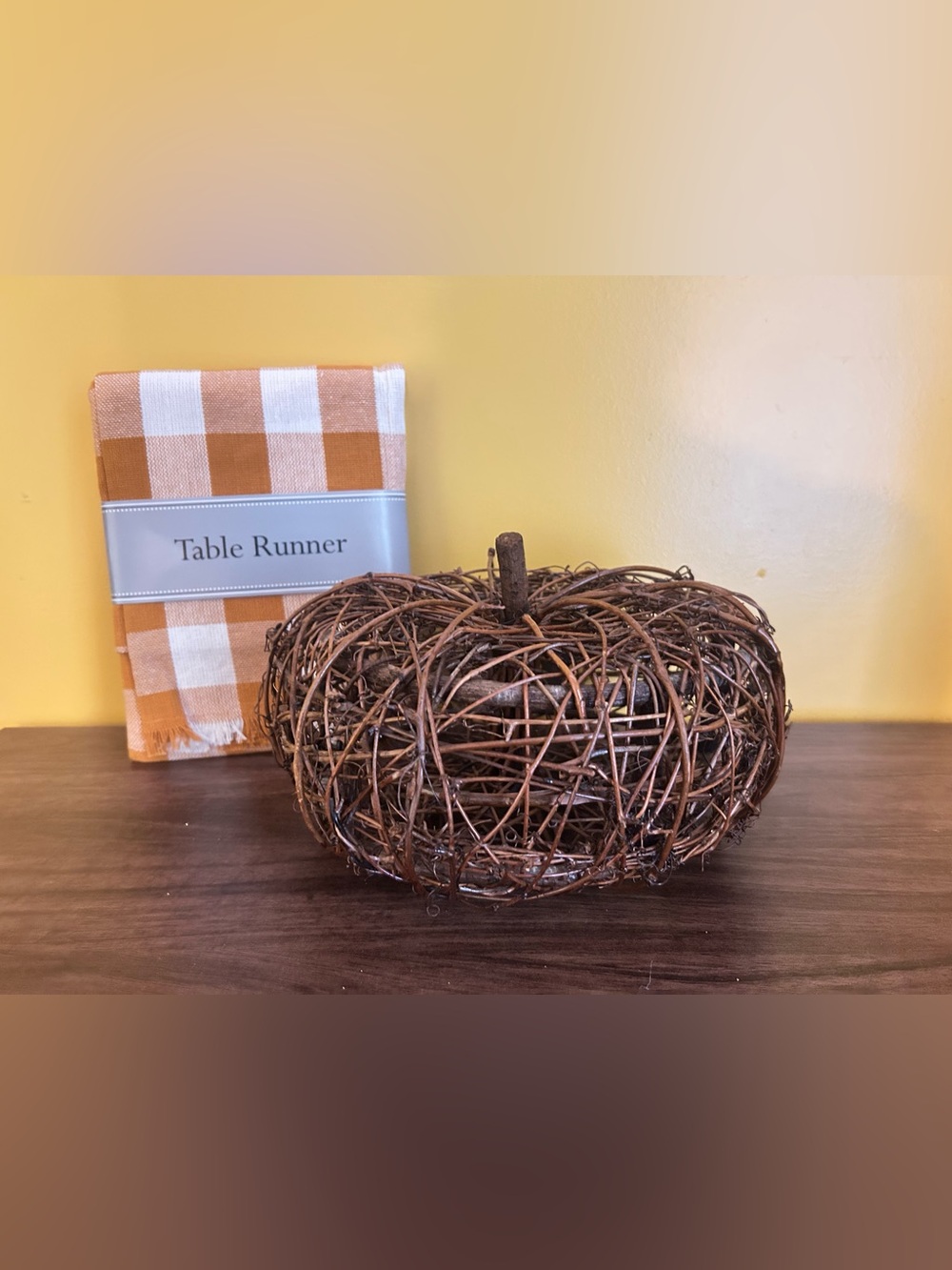Rustic Woven Twig Pumpkin Spice Decor with NEW Checkered Table Runner